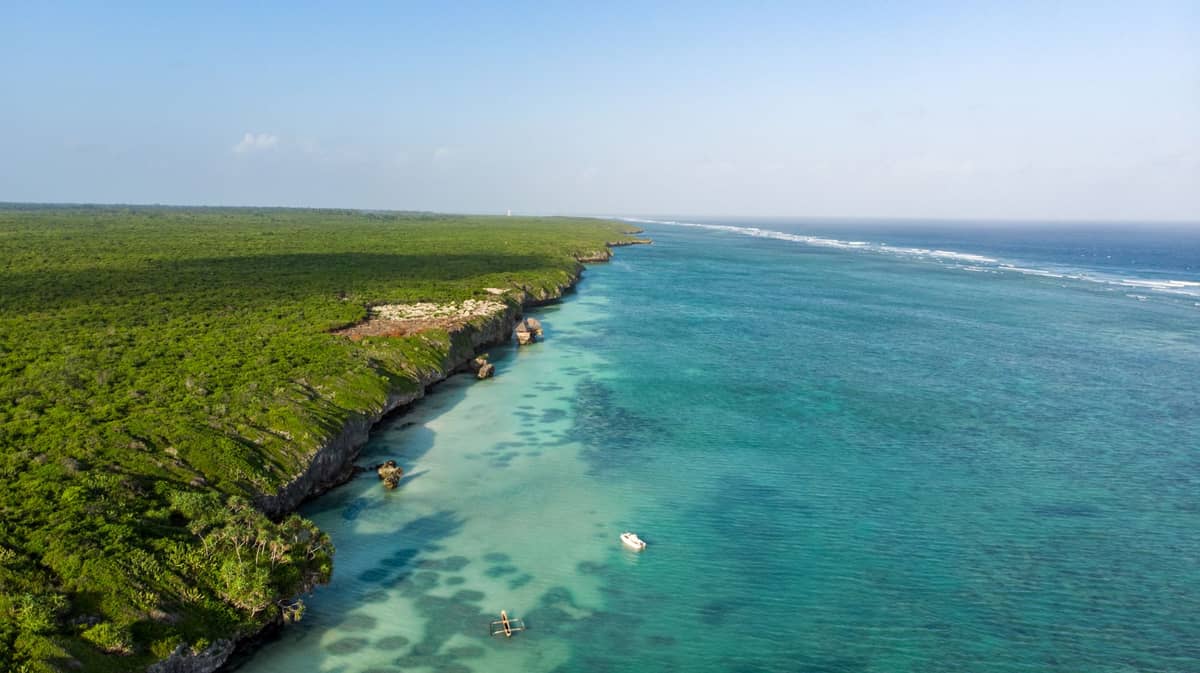 Vista aérea da costa de Zanzibar com vegetação verde exuberante, água turquesa e recife de coral sob um céu ensolarado