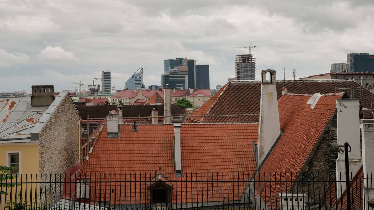 Tallinner Dächer mit Blick auf die moderne Hochhausskyline jenseits der Altstadt, aufgenommen von einem erhöhten Aussichtspunkt außerhalb des mittelalterlichen Kerns.