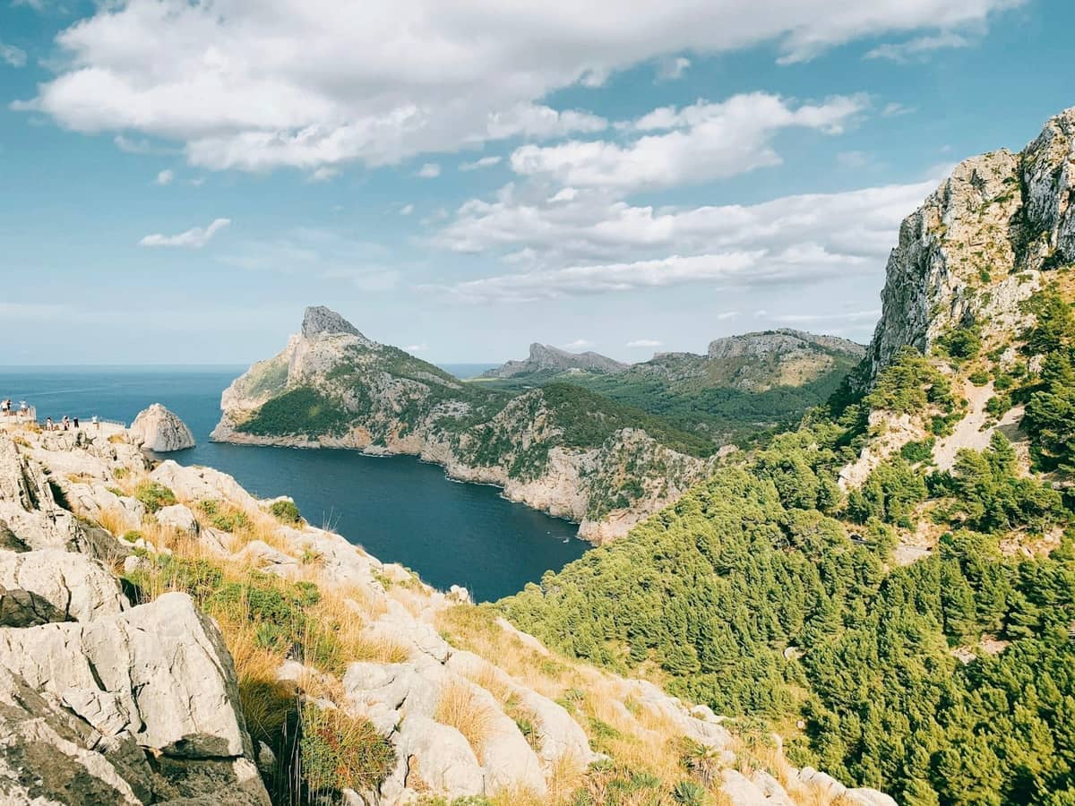Punto panoramico montano su scogliere e mare blu profondo nella Serra de Tramuntana di Maiorca, con rigogliosa vegetazione e vette spettacolari.