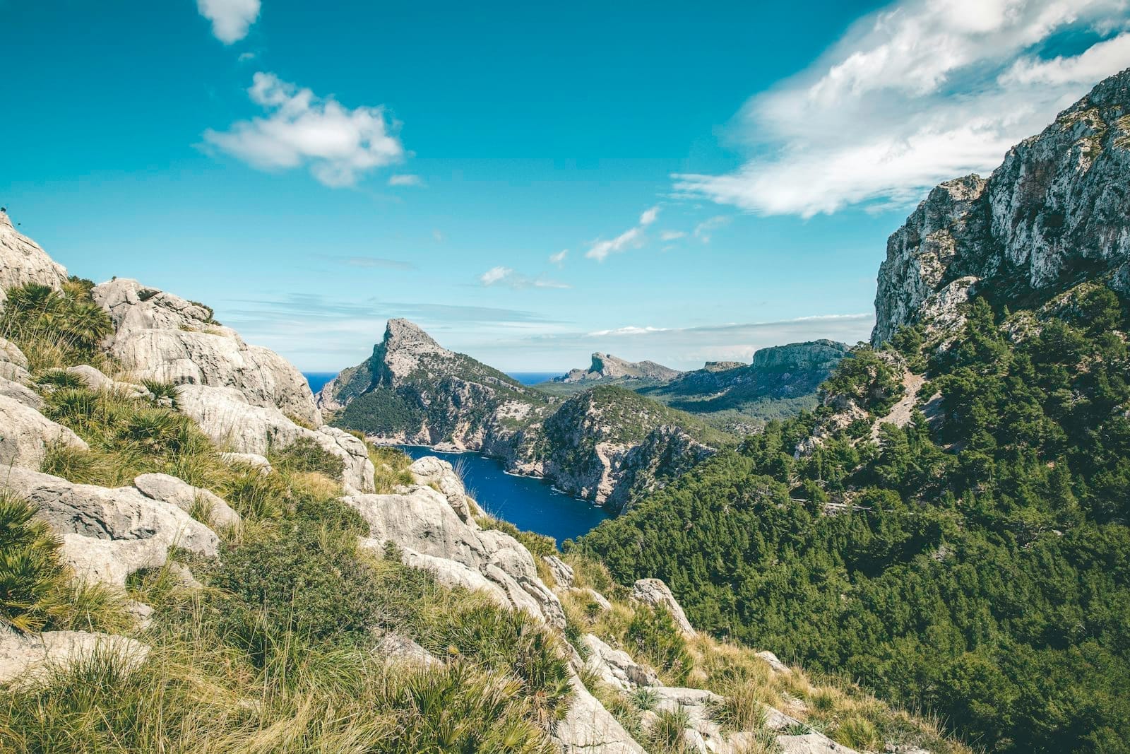 Vista panorâmica de uma encosta rochosa sobre florestas verdes e falésias dramáticas, com mar azul profundo e montanhas acidentadas ao fundo sob um céu luminoso.
