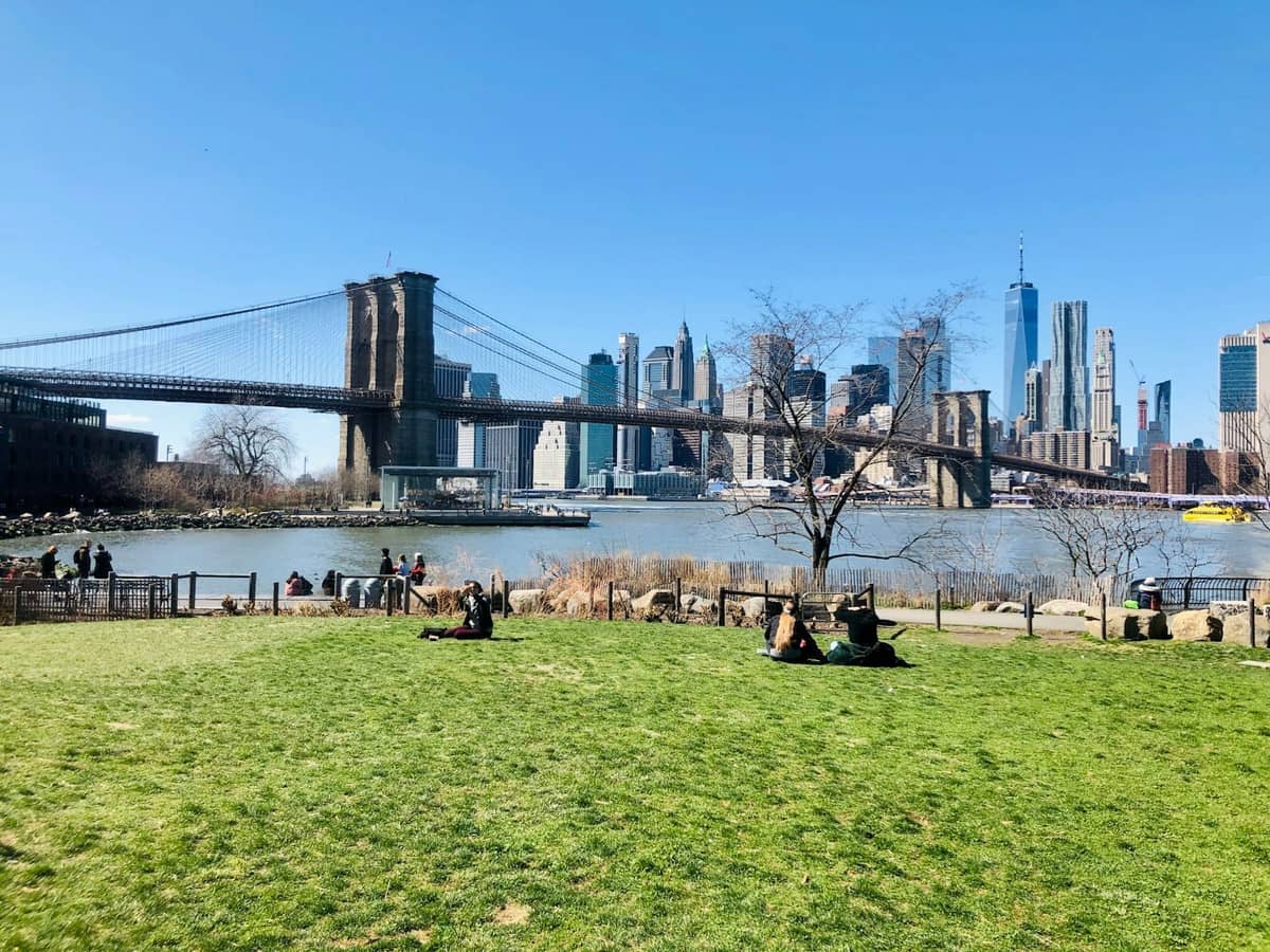 Blick auf die Brooklyn Bridge und die Skyline von Manhattan von einem Graspark aus, mit Menschen, die sich an einem sonnigen Tag am Ufer entspannen.