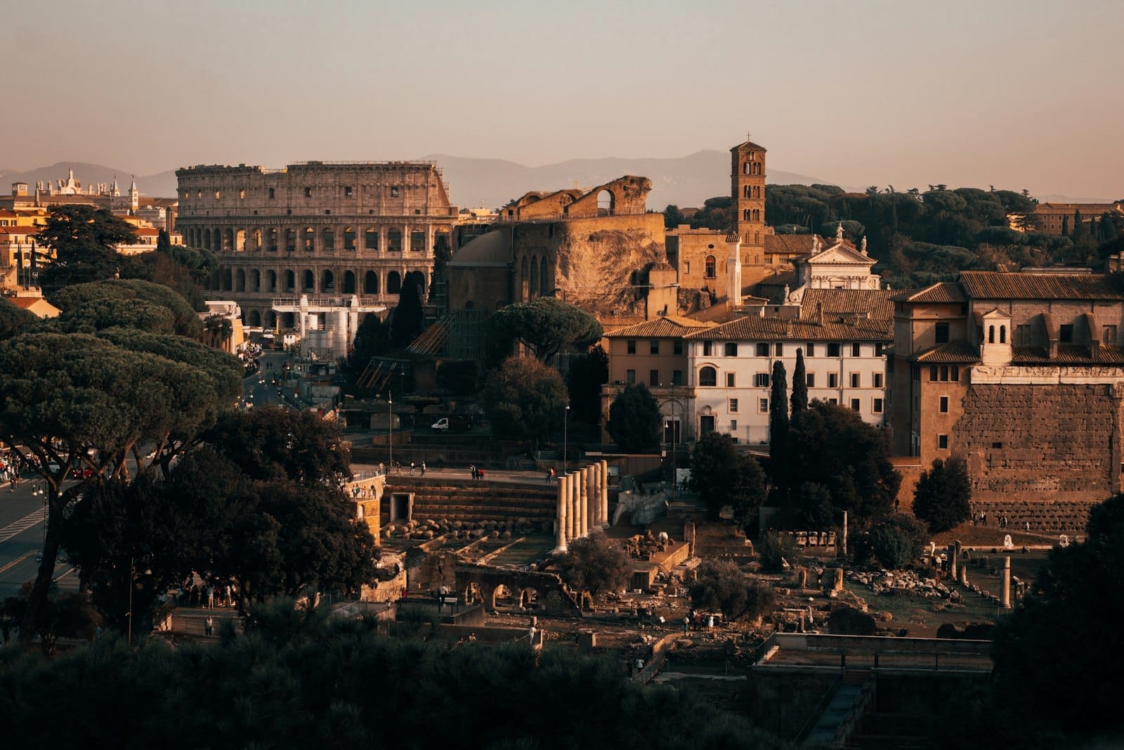 Golden hour panoramic view over Rome with the Colosseum and Roman Forum, historic buildings and pine trees in soft warm light.