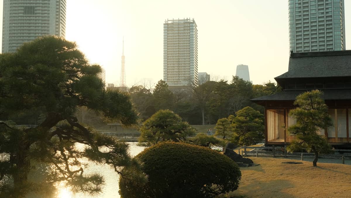 Tranquil Japanese garden scene with a traditional wooden building, manicured trees, reflective water, and modern Tokyo skyscrapers visible in the background at sunset.