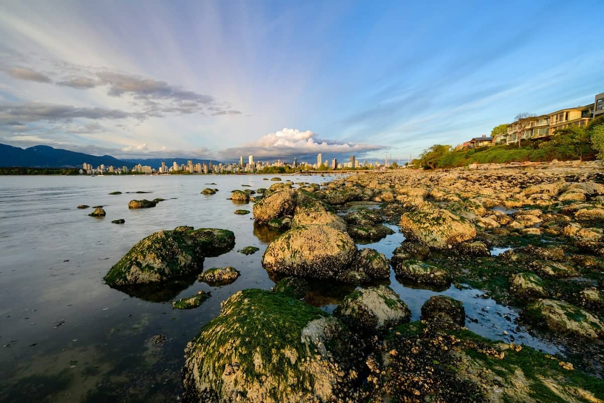 Felsige Küste von Vancouver bei Ebbe mit Skyline und Bergen im Hintergrund im goldenen Nachmittagslicht.