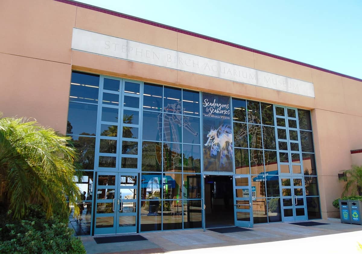 ทางเข้าอาคารพิพิธภัณฑ์สัตว์น้ำ Stephen Birch Aquarium มีประตูกระจก ป้ายอควาเรียม และต้นปาล์มอยู่ด้านหน้า
