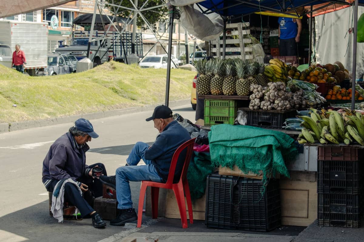 Outdoor Bogotá produce market with pineapples, garlic, and bananas sold at a street stall, two men sitting and talking in front.