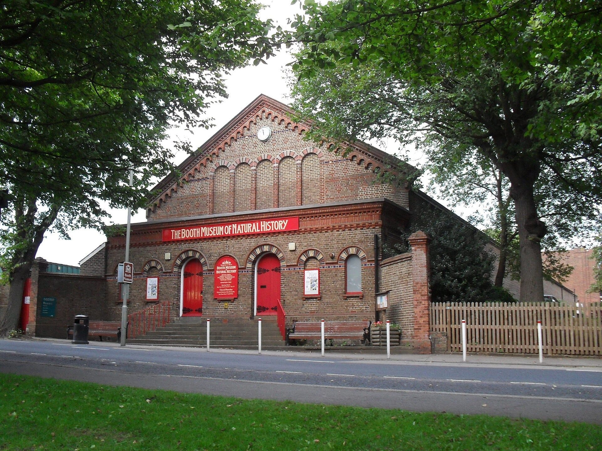 Front view of the Booth Museum of Natural History’s Victorian brick building in Brighton, with red doors and arched windows under leafy trees.