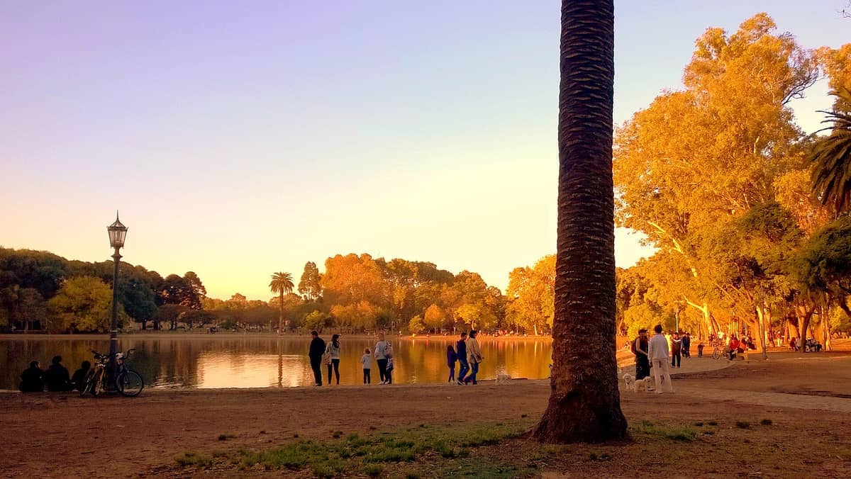 นักท่องเที่ยวรวมตัวกันริมทะเลสาบที่ Bosques de Palermo กรุง Buenos Aires ท่ามกลางต้นไม้สีทอง เสาไฟ และท้องฟ้าแจ่มใสยามพระอาทิตย์ตกดิน