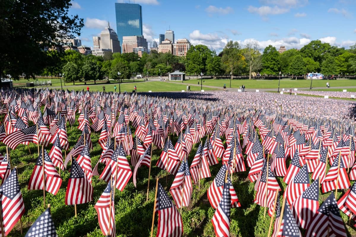 Hunderte amerikanische Flaggen auf dem Boston Common mit der Skyline der Stadt im Hintergrund, klarer Himmel und grüne Bäume
