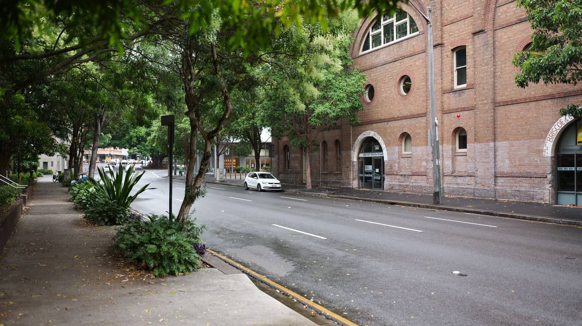 Von Bäumen gesäumte Straße in Surry Hills, Sydney, mit alten Backsteinlagergebäuden – typisch für die Gegend rund um das Brett Whiteley Studio.