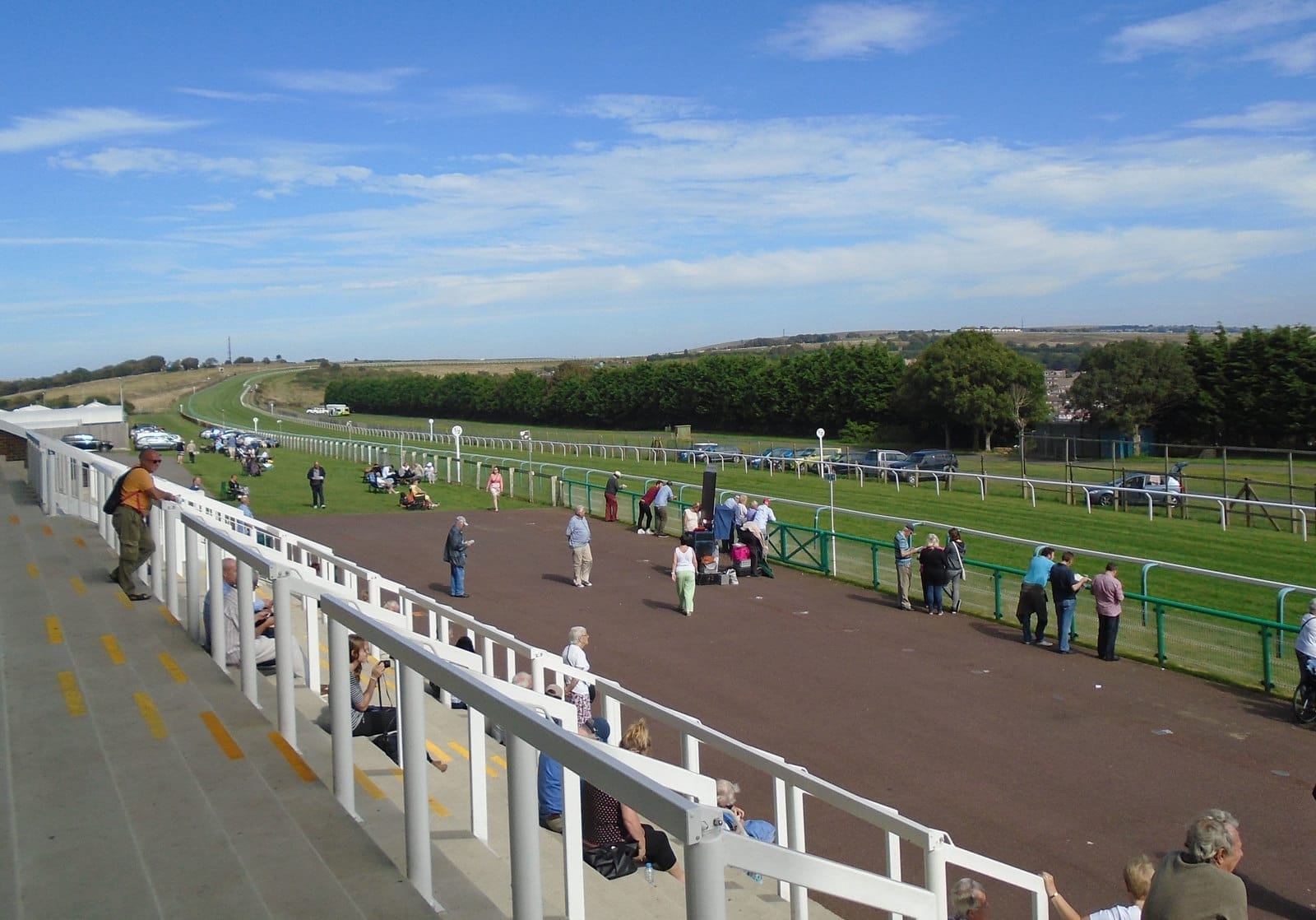 Spectators watch from the grandstand at Brighton Racecourse, overlooking the green track, distant hills, and parked cars on a sunny day.
