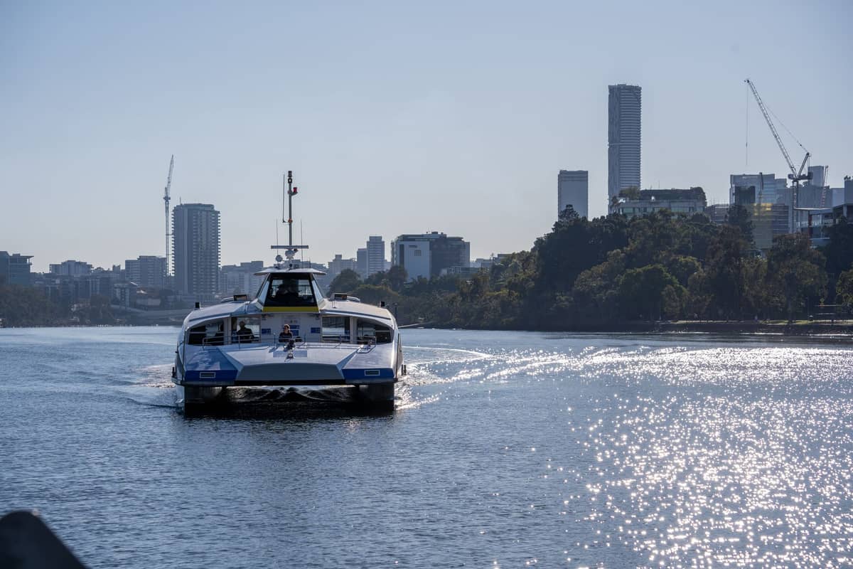 Brisbane CityCat Fähre auf dem Brisbane River mit Stadtgebäuden im Hintergrund an einem sonnigen Tag