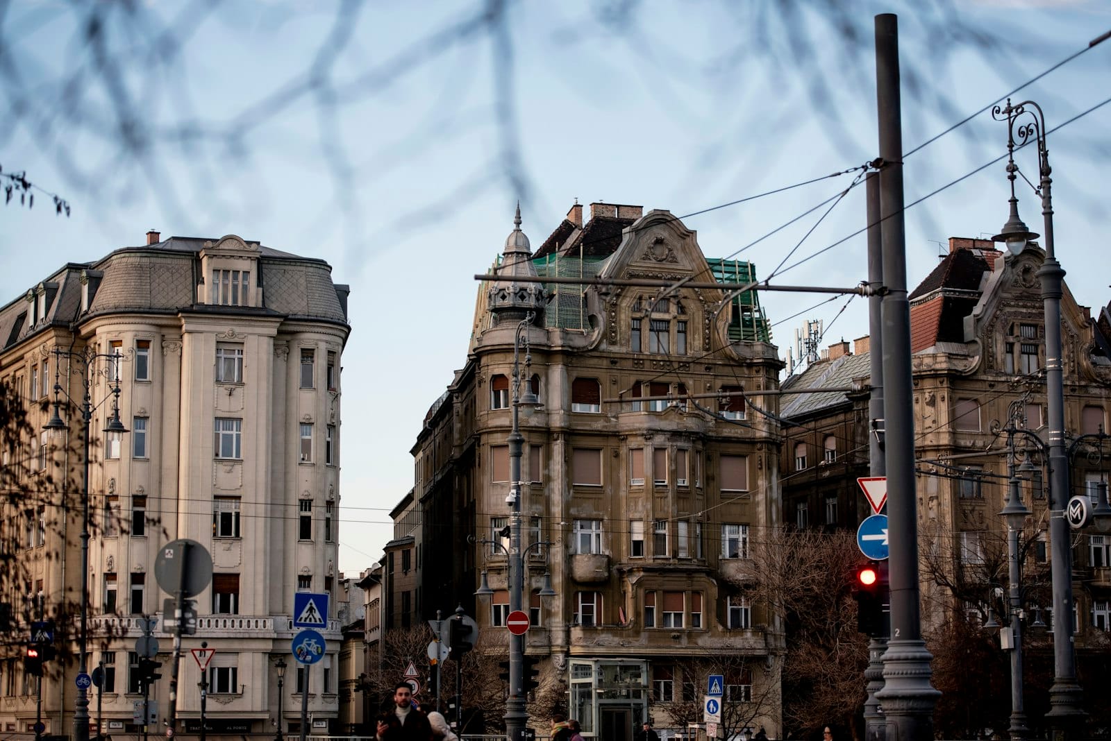 Budapest'te tramvay hatlarının yakınındaki bir caddede Art Nouveau özelliklere sahip süslü tarihi binalar, ön planda ağaç dalları.