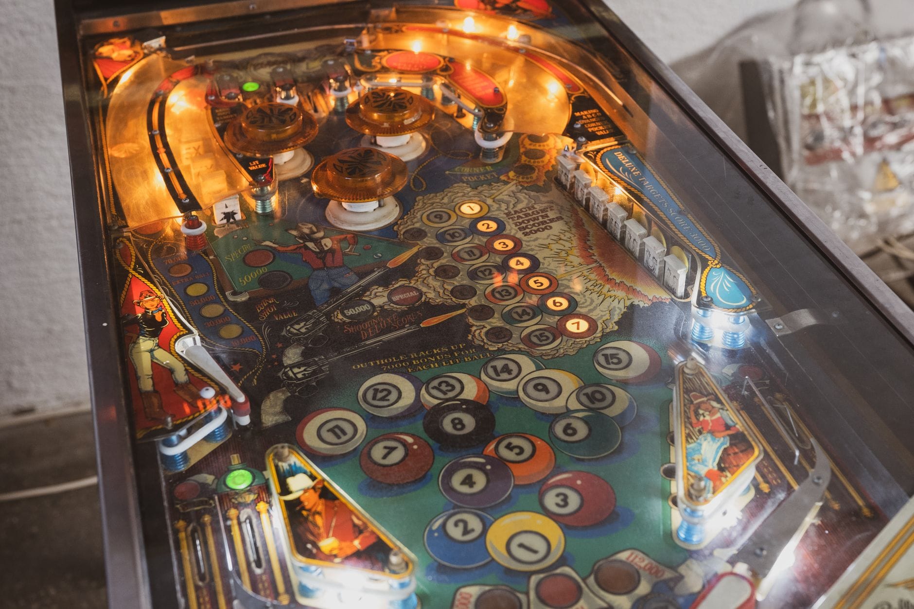 Nahaufnahme eines vintage Flipperautomaten mit beleuchtetem Spielfeld, bunten Tasten, Bumpern und Punktebereichen – eine Einladung zum interaktiven Spielen in nostalgischer Arcade-Atmosphäre.