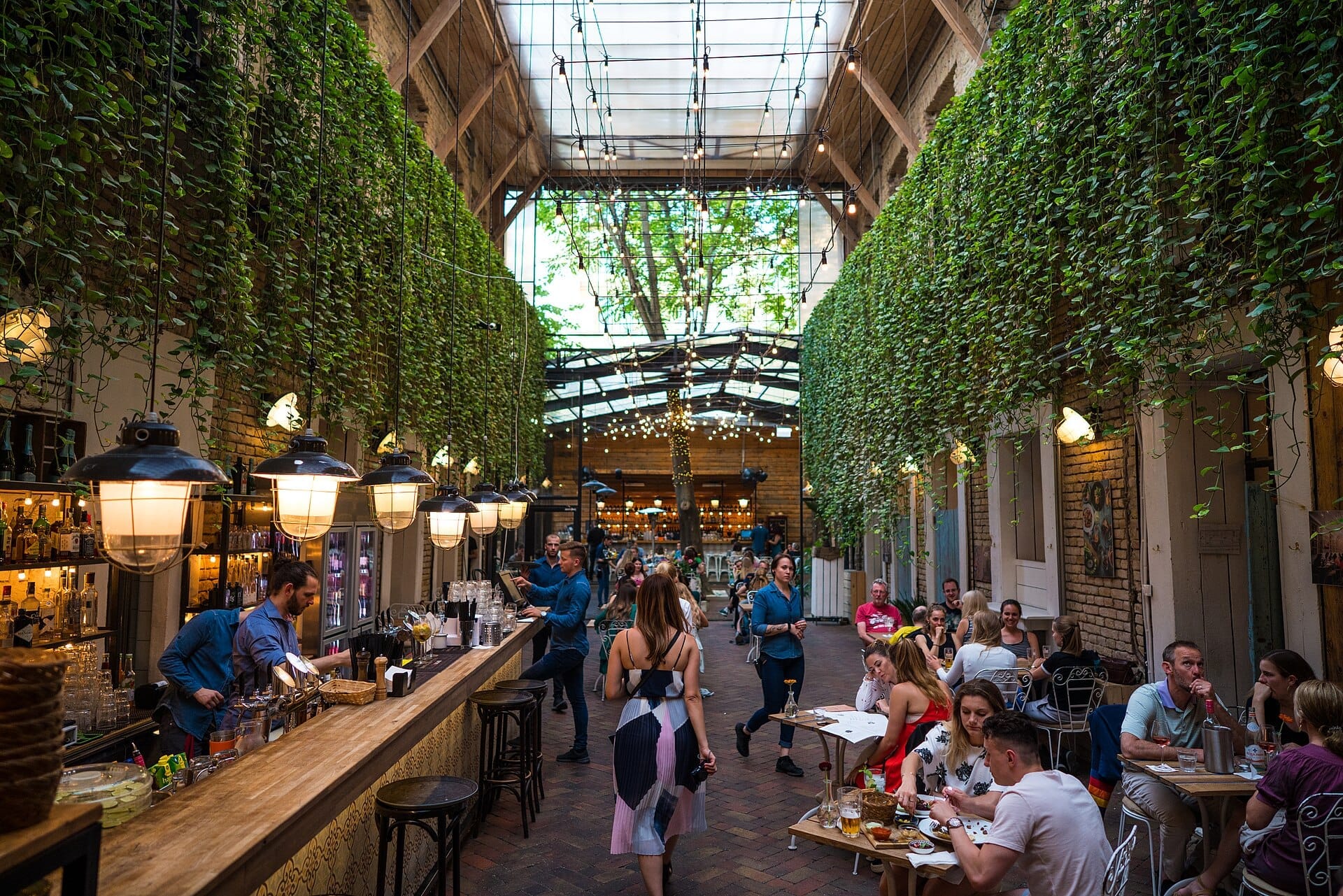 Escena interior de un bar de ruinas de Budapest con una larga barra de madera, paredes de ladrillo, plantas colgantes y grupos de personas comiendo y bebiendo.