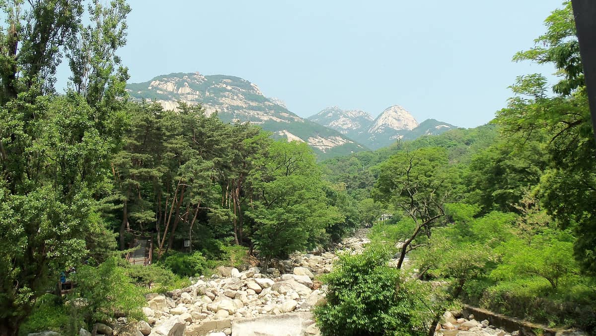 Vista ampla dos picos de granito do Parque Nacional Bukhansan se elevando acima de uma floresta verde exuberante e um riacho rochoso em um dia ensolarado.