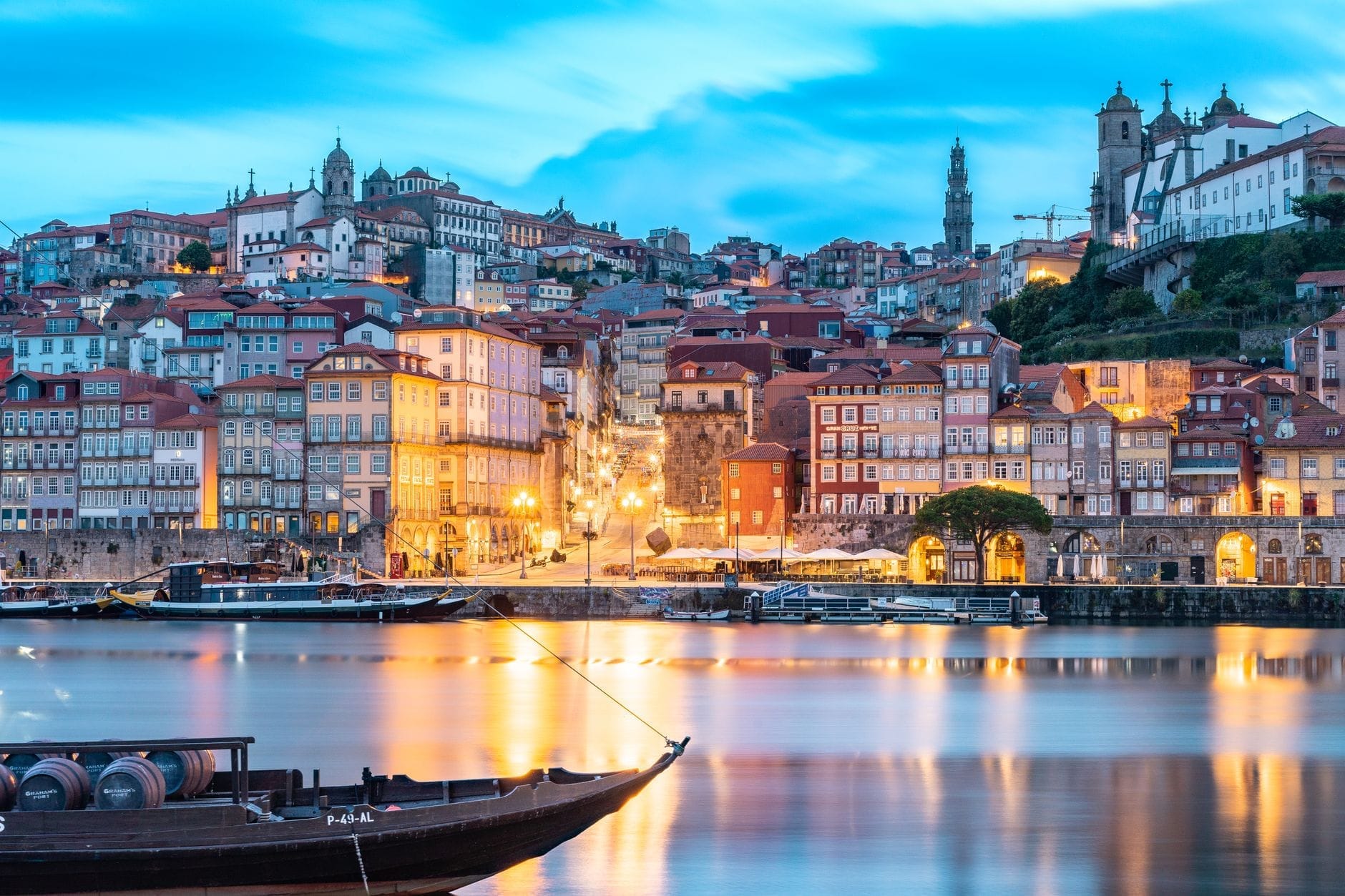 Il Cais da Ribeira di Porto illuminato al tramonto, con i colorati edifici storici, la passeggiata sul fiume e le tradizionali barche riflesse nel Douro sotto un cielo blu intenso.