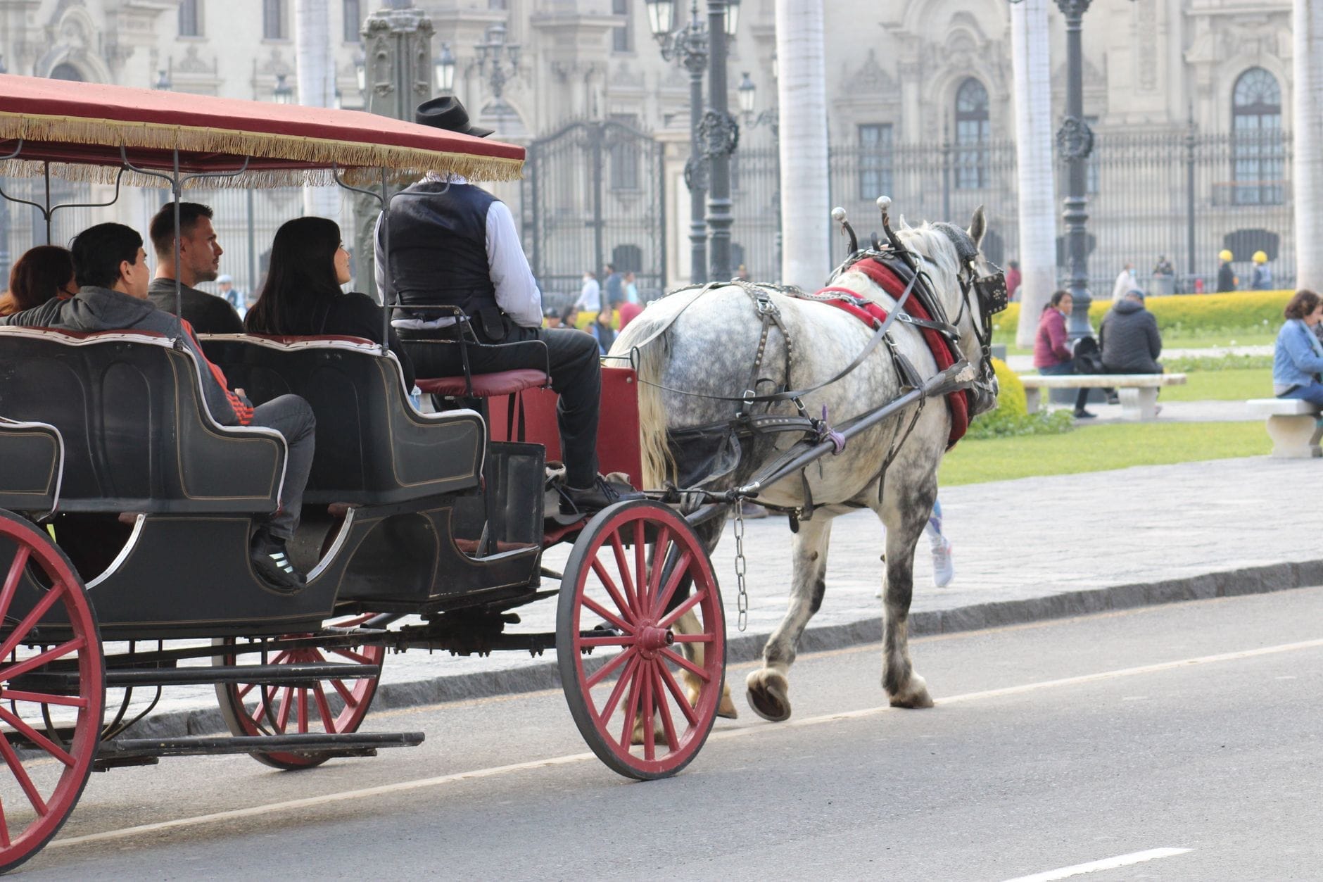 Una carrozza trainata da cavalli con passeggeri percorre una strada cittadina, con architetture storiche e piazze sullo sfondo durante il giorno.