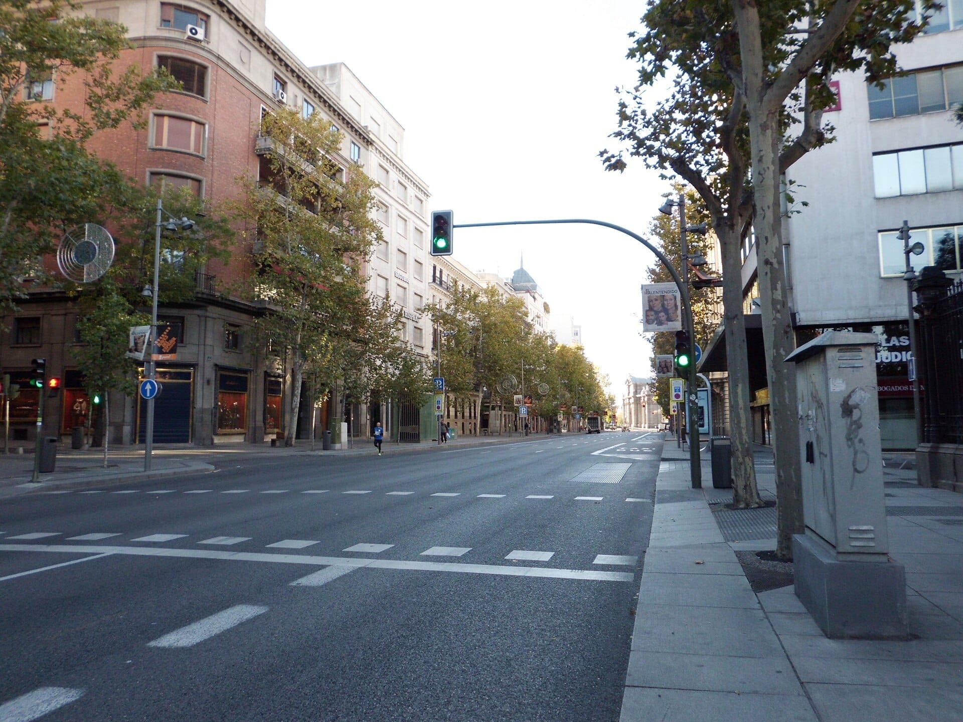 Calle de Serrano a Madrid in una tranquilla mattina, fiancheggiata da eleganti edifici, negozi boutique e alberi frondosi sotto un cielo limpido.