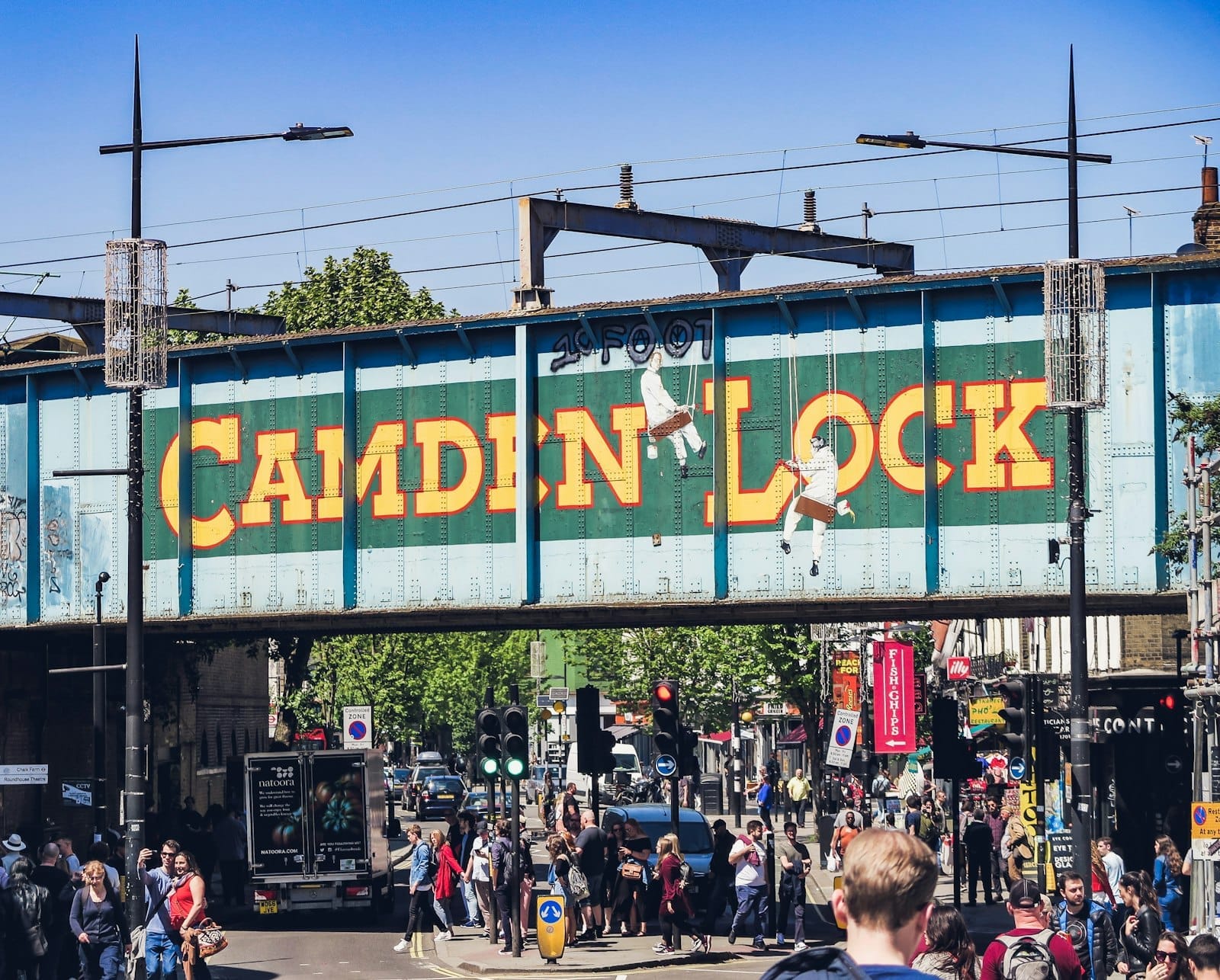บรรยากาศถนนในแคมเดนใต้สะพานรถไฟ Camden Lock อันโดดเด่น ตัวอักษรเหลืองเด่น ผู้คนพลุกพล่าน ท้องฟ้าสีฟ้าสดใส