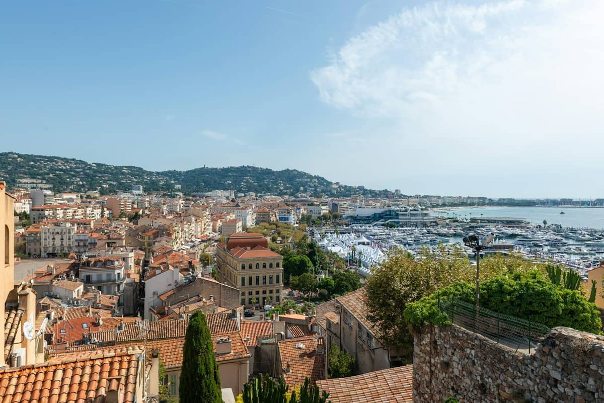 Wide view over Cannes with terracotta rooftops, marina filled with boats, and green hills under a light blue sky.