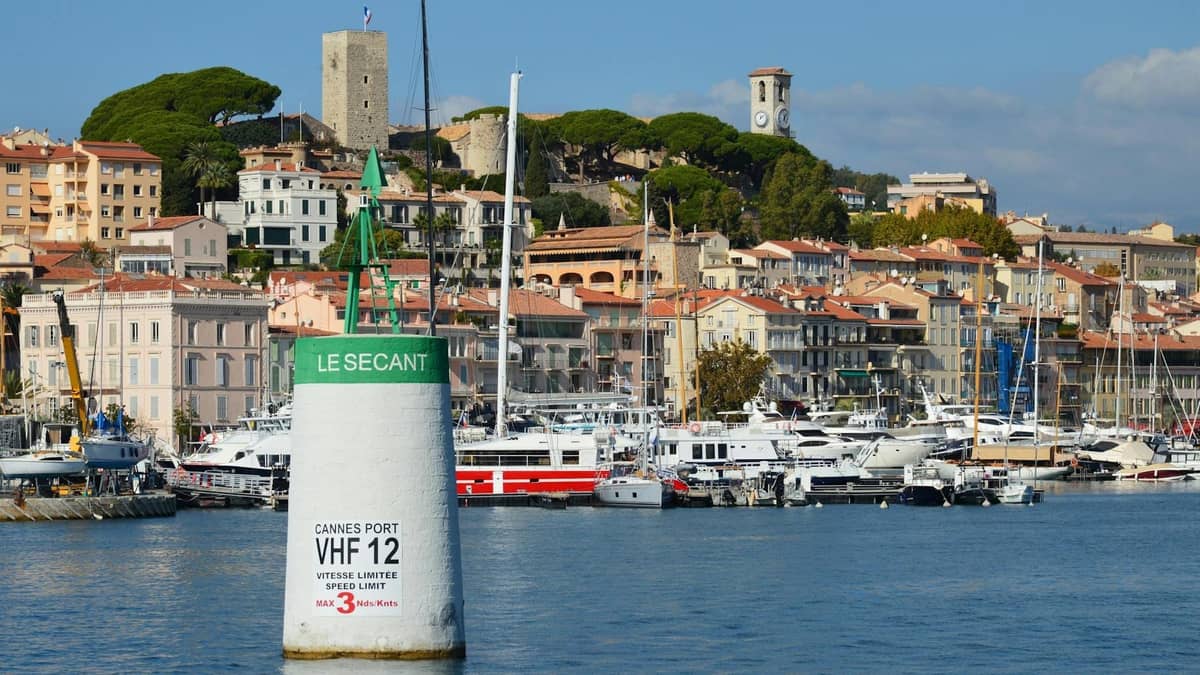 Widok na port w Cannes z jachtami, historycznymi budynkami i wieżą zegarową Le Suquet w tle w słoneczny dzień.