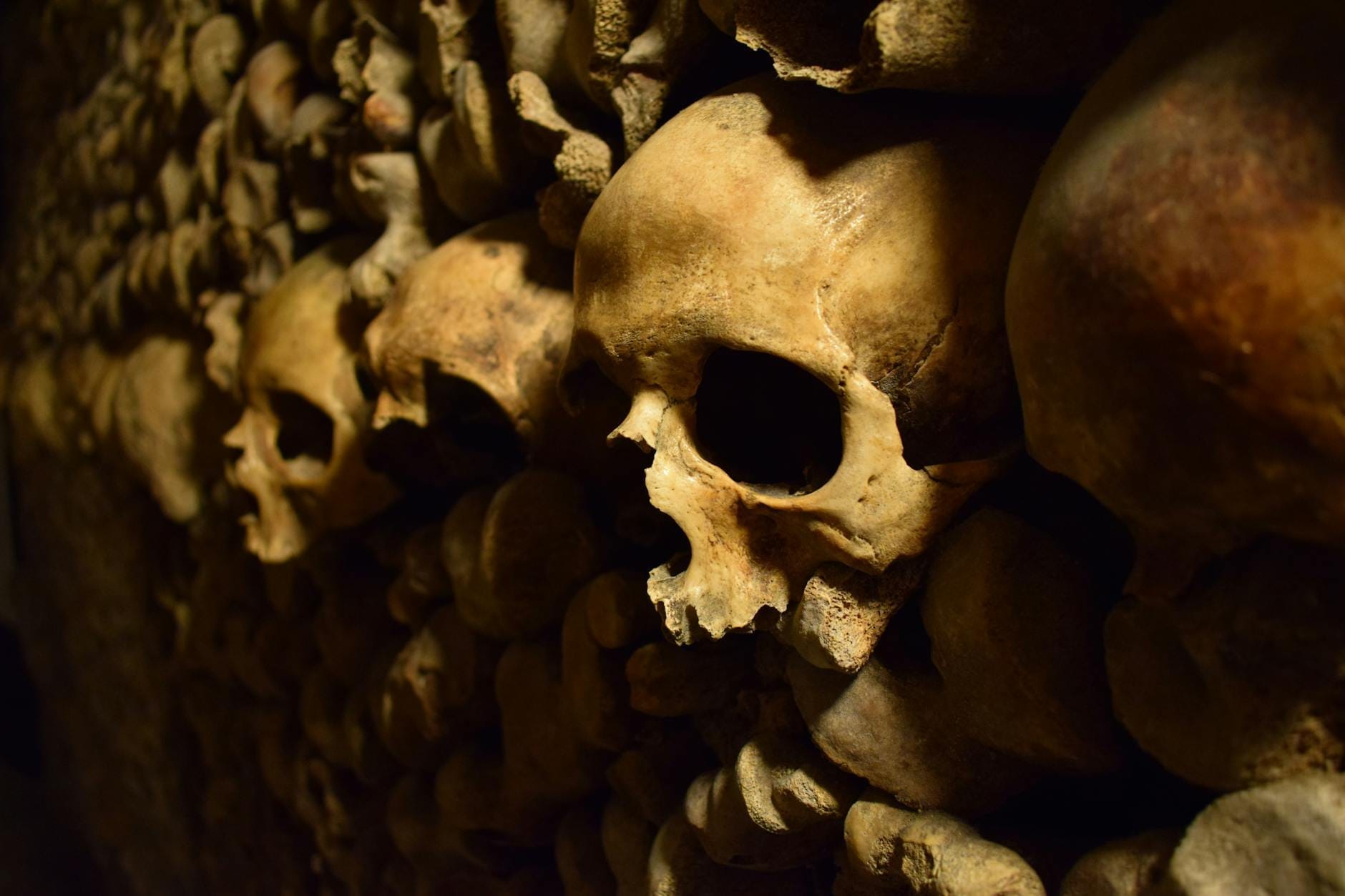 Vista ravvicinata di teschi e ossa impilati lungo le pareti delle Catacombe di Parigi, in una luce fioca con ombre drammatiche.