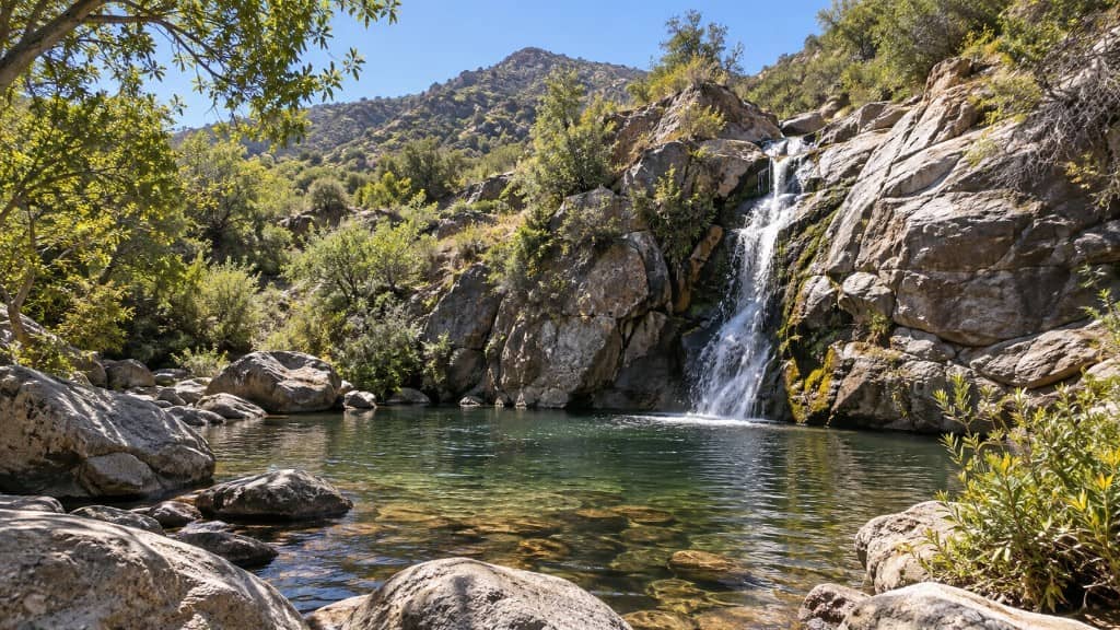 Cedar Creek Falls stürzt über eine Granitwand in ein klares, von Felsbrocken gesäumtes Naturbecken, umgeben von Chaparral-Hügeln und Eichenschatten.