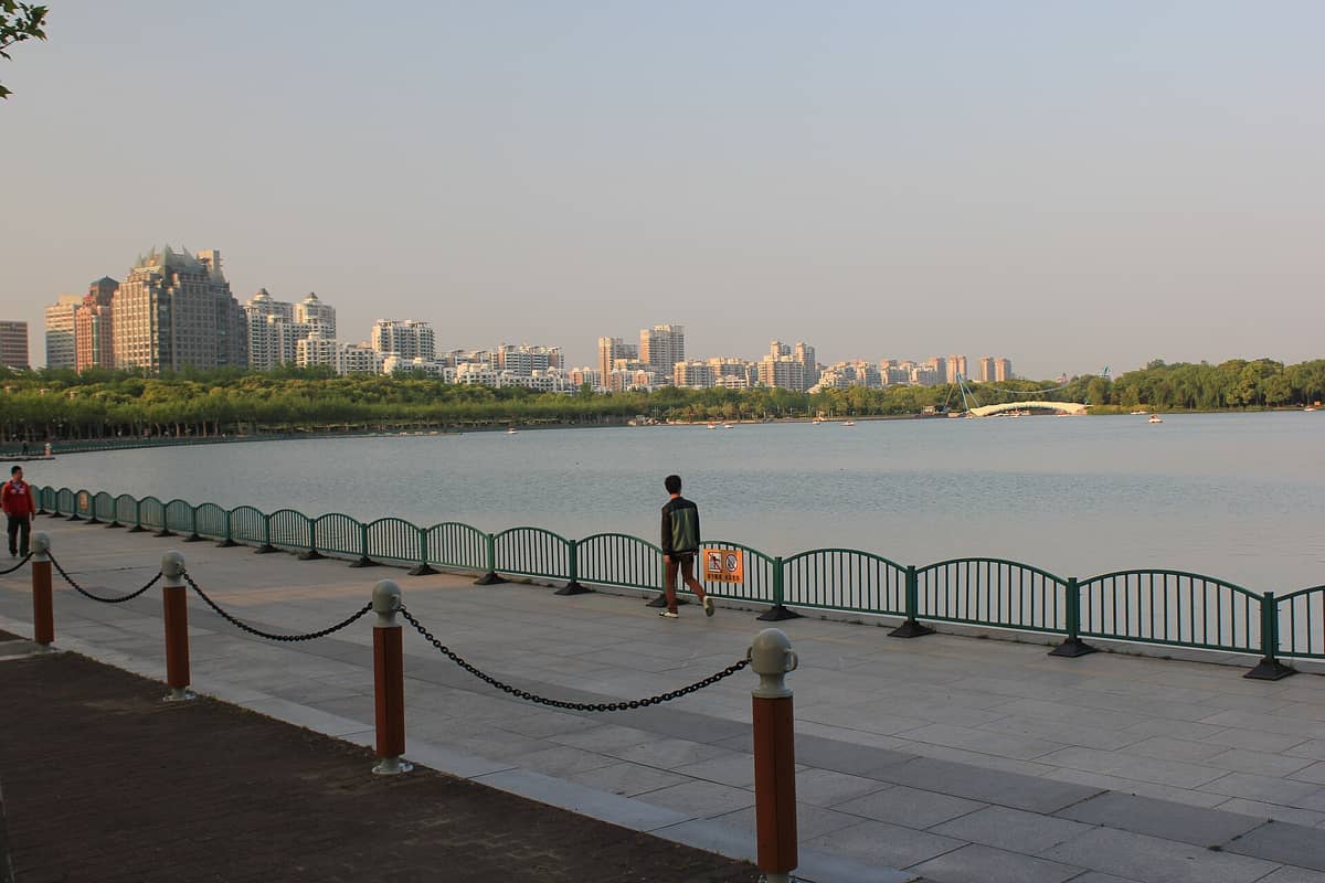 Ein Mann spaziert an der Uferpromenade des großen Sees im Century Park in Shanghai entlang, im Hintergrund Bäume und die Wolkenkratzer der Stadt.