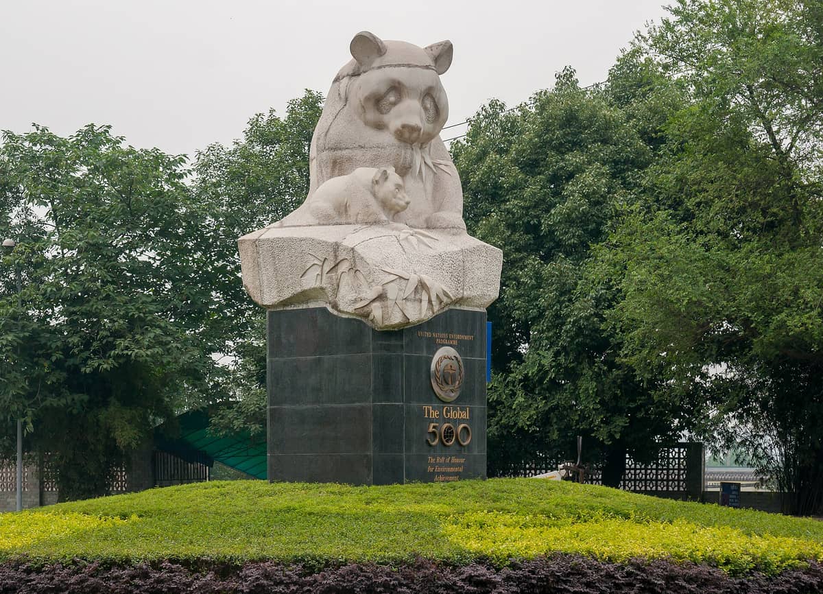 Große Steinpanda-Skulptur am Eingang der Chengdu Research Base of Giant Panda Breeding, umgeben von Grünpflanzen und Bäumen.