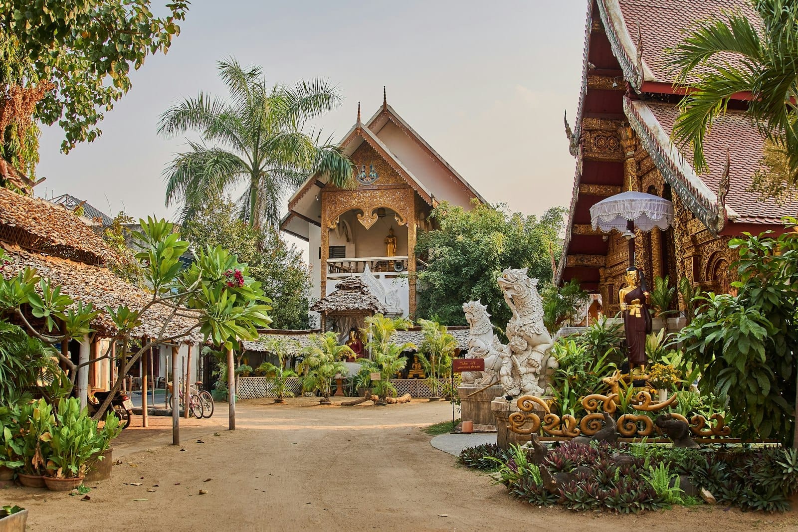 Cảnh Thành phố Cổ Chiang Mai với các tòa nhà đền chùa gỗ teak lịch sử và không khí vườn, nổi bật với cây nhiệt đới và tượng truyền thống.