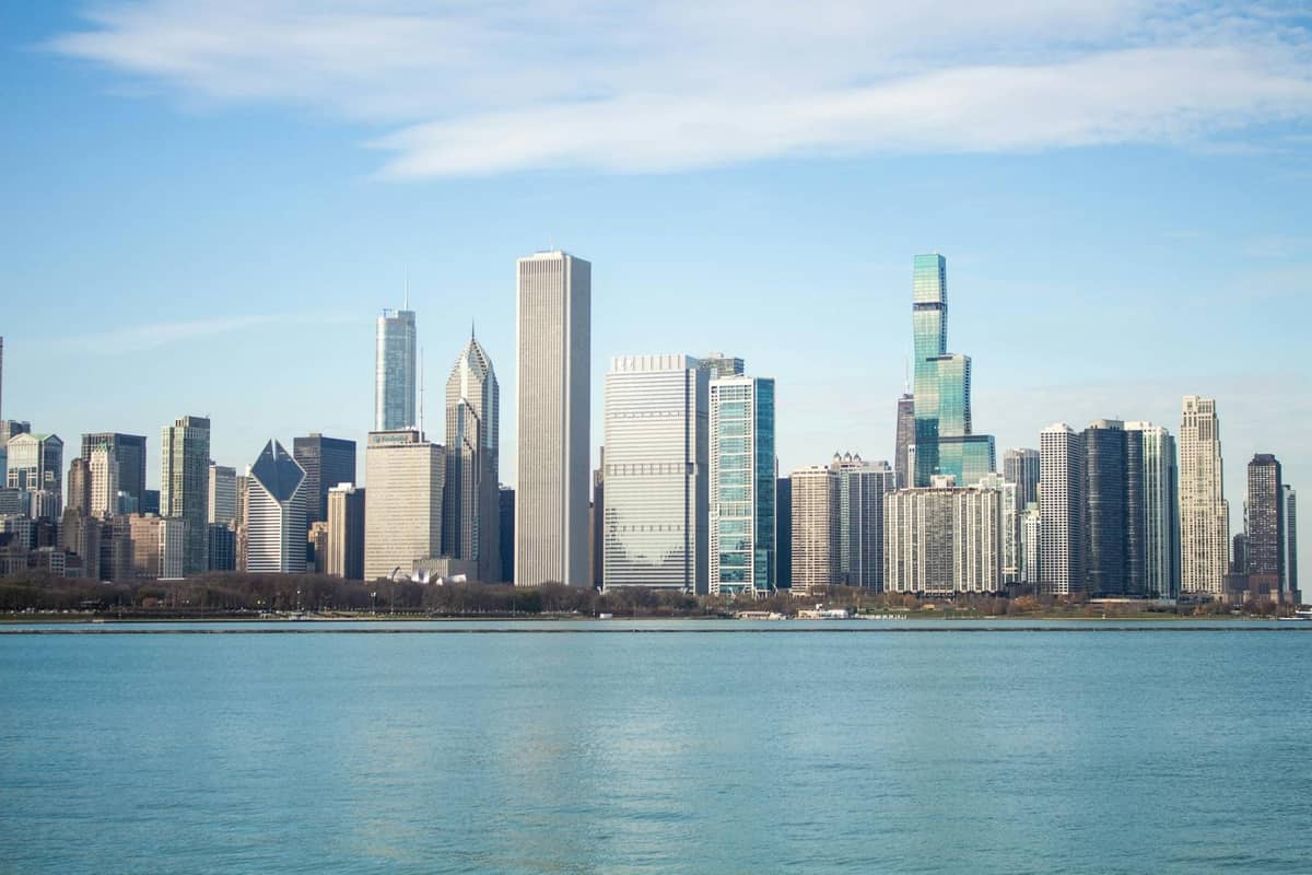 Tagesansicht der Skyline von Chicago vom Lake Michigan aus mit markanten Wolkenkratzern und klarem blauem Himmel.