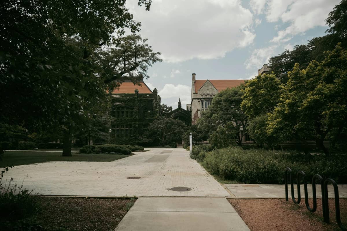 Ein Weg und Grünflächen führen zu historischen Gebäuden im kollegialen Gotik-Stil, die in einem laubbedeckten Universitätsviertel in Chicago von der Straße zurückgesetzt sind.