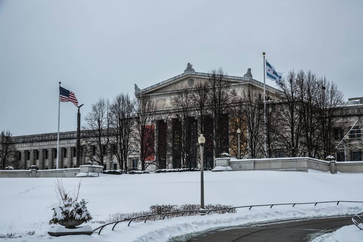 Winteransicht des Art Institute of Chicago mit Schnee auf dem Boden und kahlen Bäumen, Fahnen wehen davor.