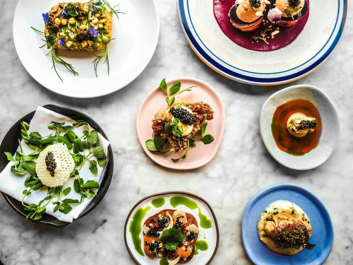 Auswahl wunderschön angerichteter Gourmet-Gerichte auf bunten Tellern, von oben auf einem Marmortisch aufgenommen, die ein gehobenes Restauranterlebnis heraufbeschwören.