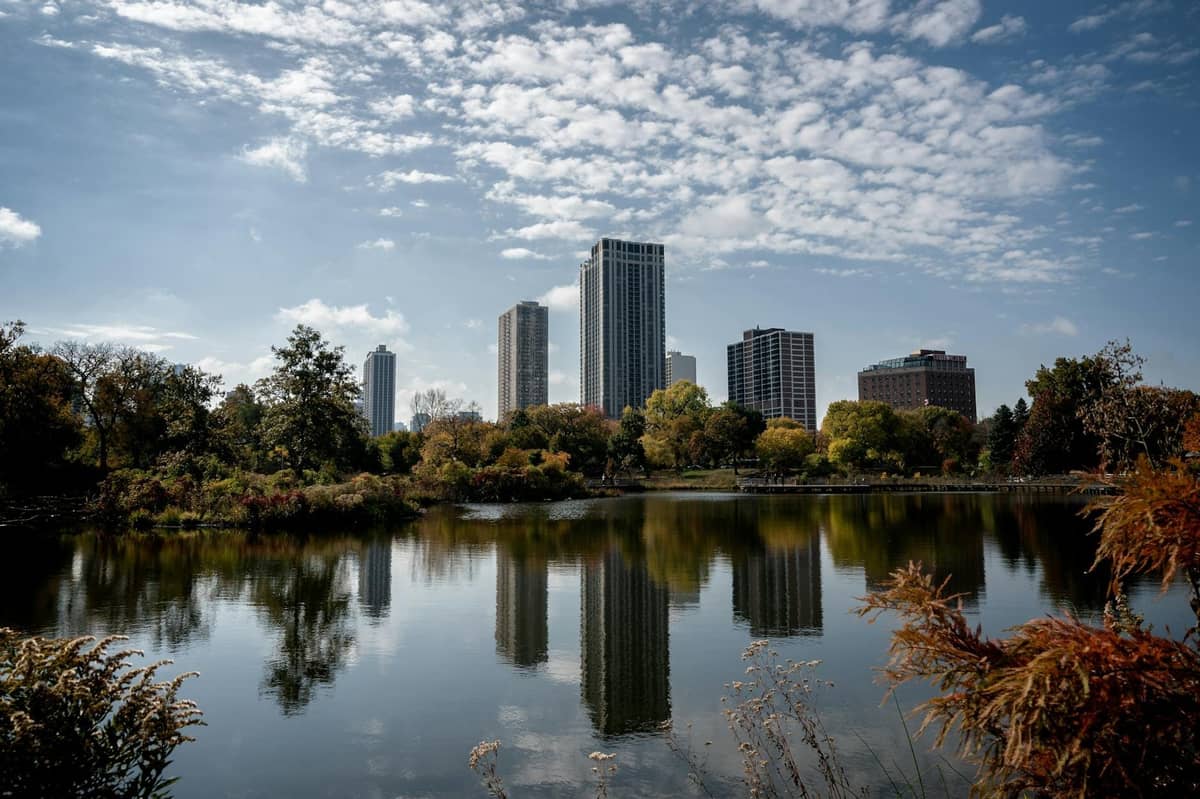 Skyline von Chicago mit hohen Gebäuden, die sich in einem See spiegeln, umgeben von Herbstbäumen unter einem teilweise bewölkten Himmel.