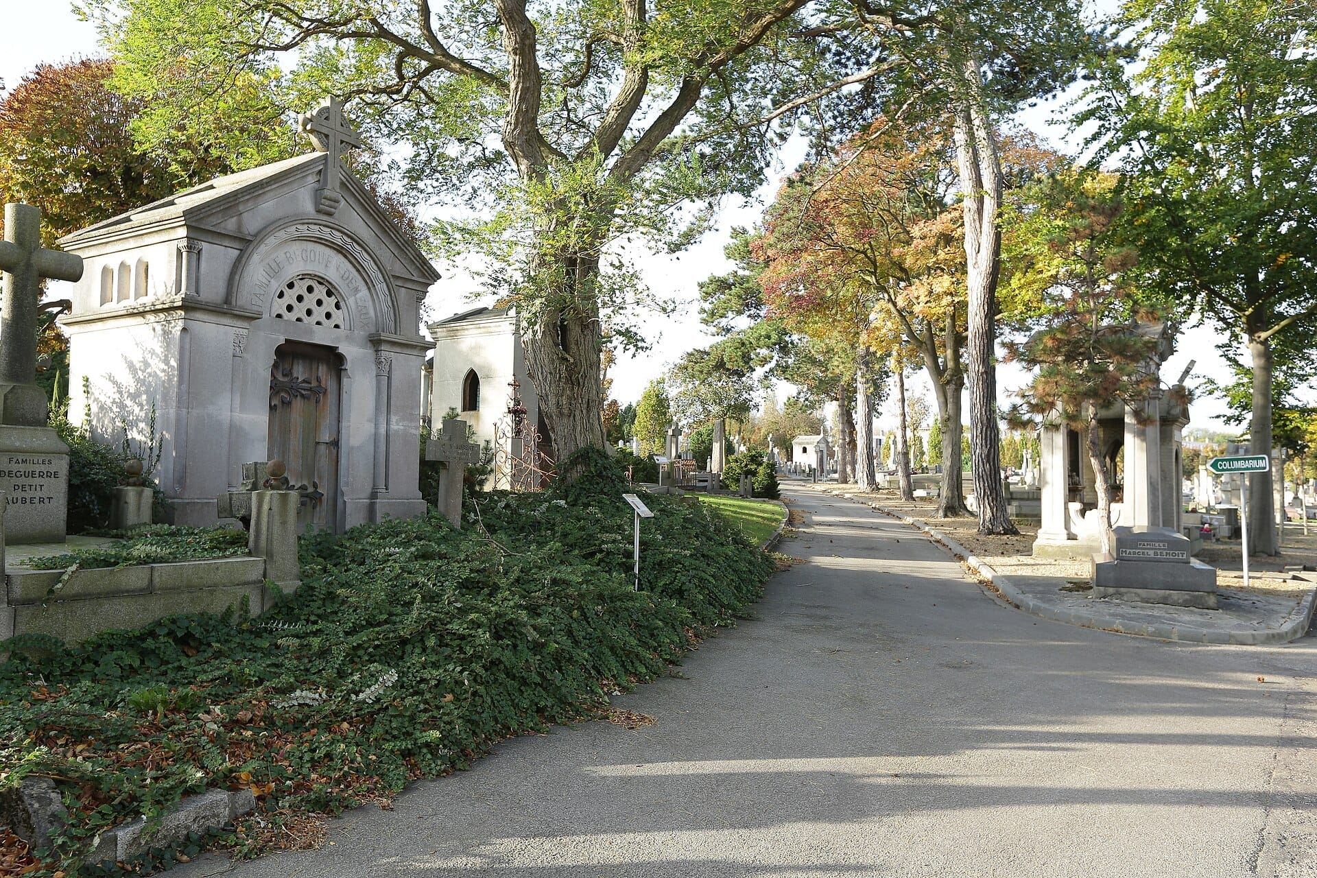 สุสานหินและหินหลุมศพที่มีร่มเงาจากต้นไม้สูงที่ Cimetière Sainte-Marie ในเมือง Le Havre พร้อมเส้นทางลาดยางที่คดเคี้ยวผ่านสุสาน
