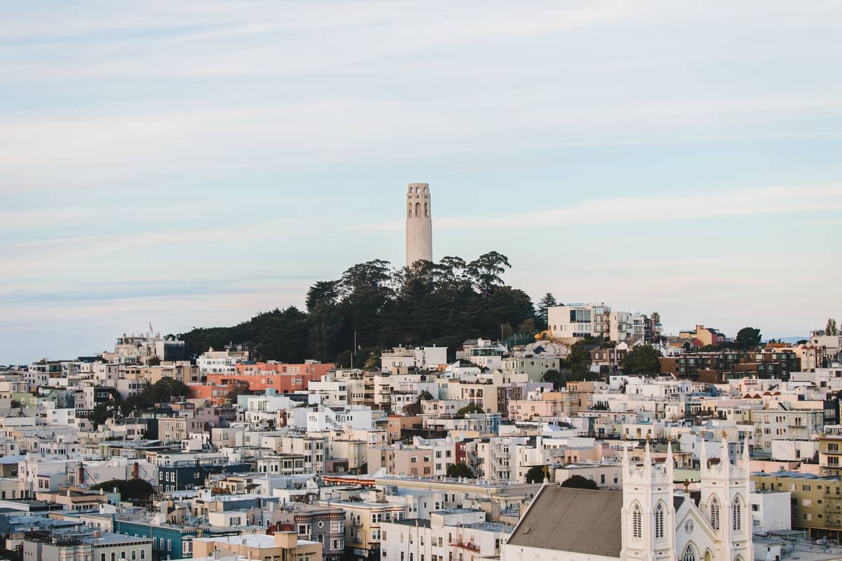 Der Coit Tower ragt über die Baumkronen des Telegraph Hill auf, im Vordergrund bunte Wohnhäuser San Franciscos unter klarem Himmel.