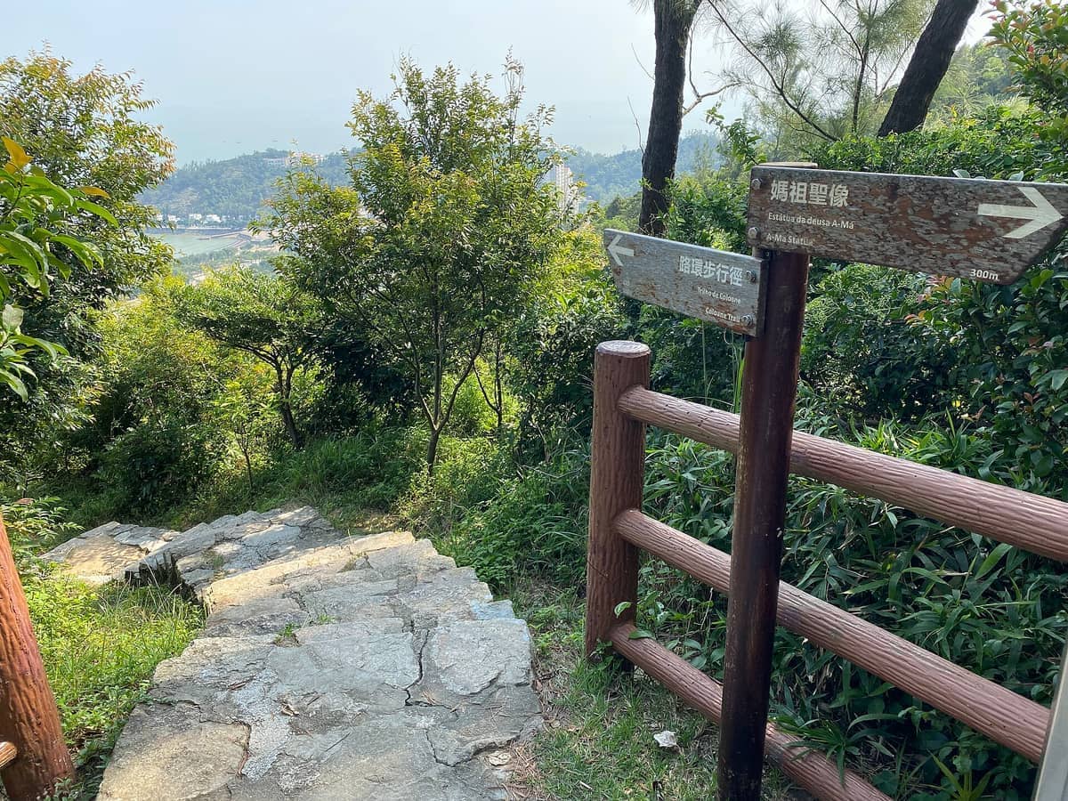 Steinstufen führen durch üppiges Grün auf dem Coloane Trail in Macau hinab, mit hölzernen Wegweisern und fernen Hügeln, die im Sonnenlicht zu sehen sind.