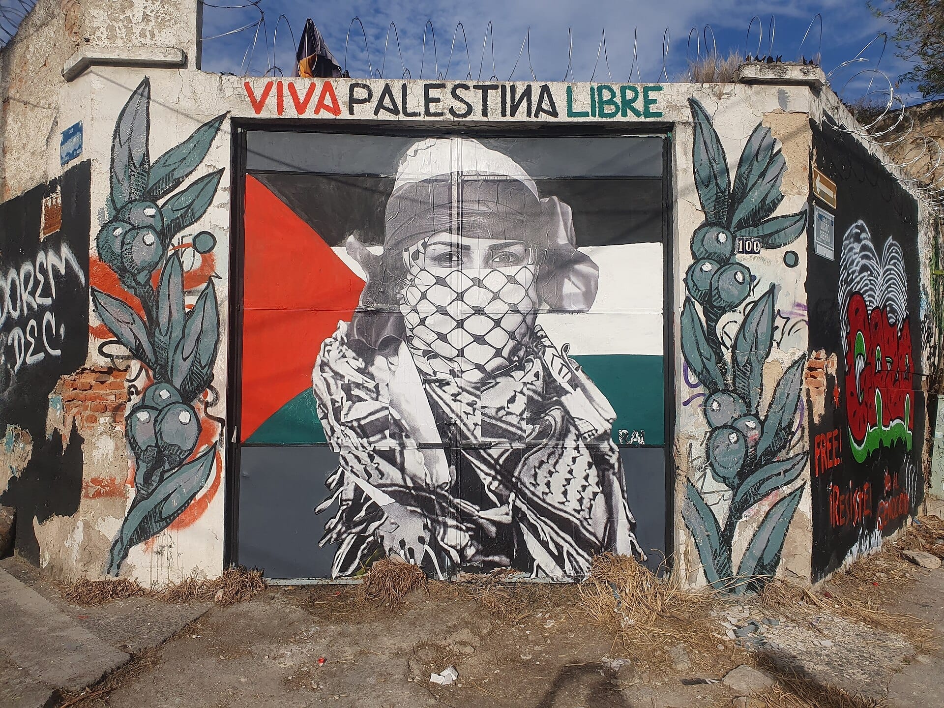 Grande murales di strada nella Colonia Americana, Guadalajara, raffigurante una persona con kefiah davanti alla bandiera palestinese, circondata da rami d'ulivo dipinti.