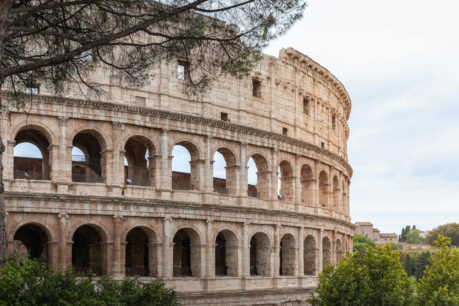 Wide landscape view of the Colosseum exterior surrounded by greenery and tree branches, showing its iconic arches and grand ancient structure in Rome.