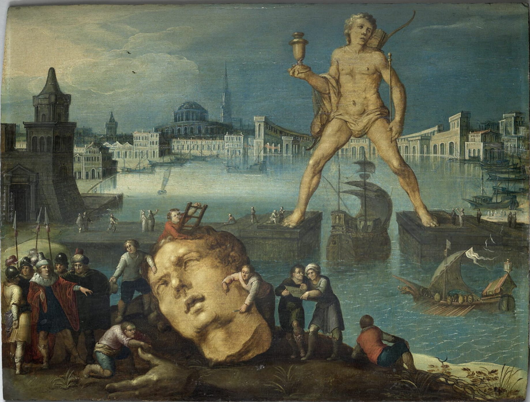 Pintura do Colosso de Rodes dominando o porto de Mandraki, com navios passando sob a estátua e edifícios da cidade antiga ao fundo.