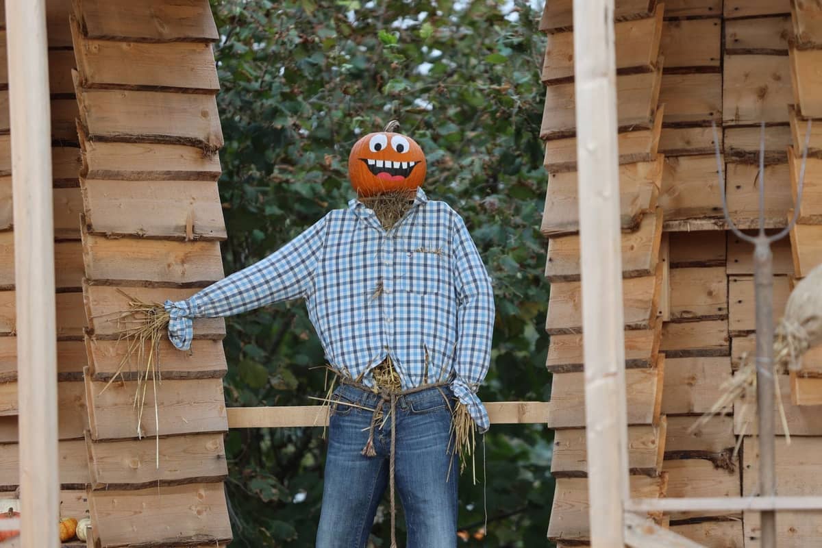 Spaventapasseri con testa di jack-o'-lantern e camicia a quadri tra decorazioni autunnali, che evoca il tema di Halloween dei Tivoli Gardens.