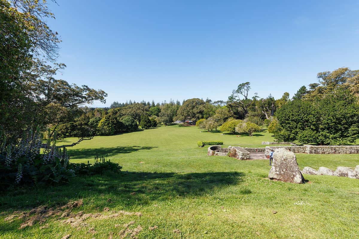 Weite Rasenfläche des Cornwall Parks, umgeben von alten Bäumen, blauem Himmel und einer Steinterrasse im Vordergrund – Aucklands grüne Pracht in einem Bild.