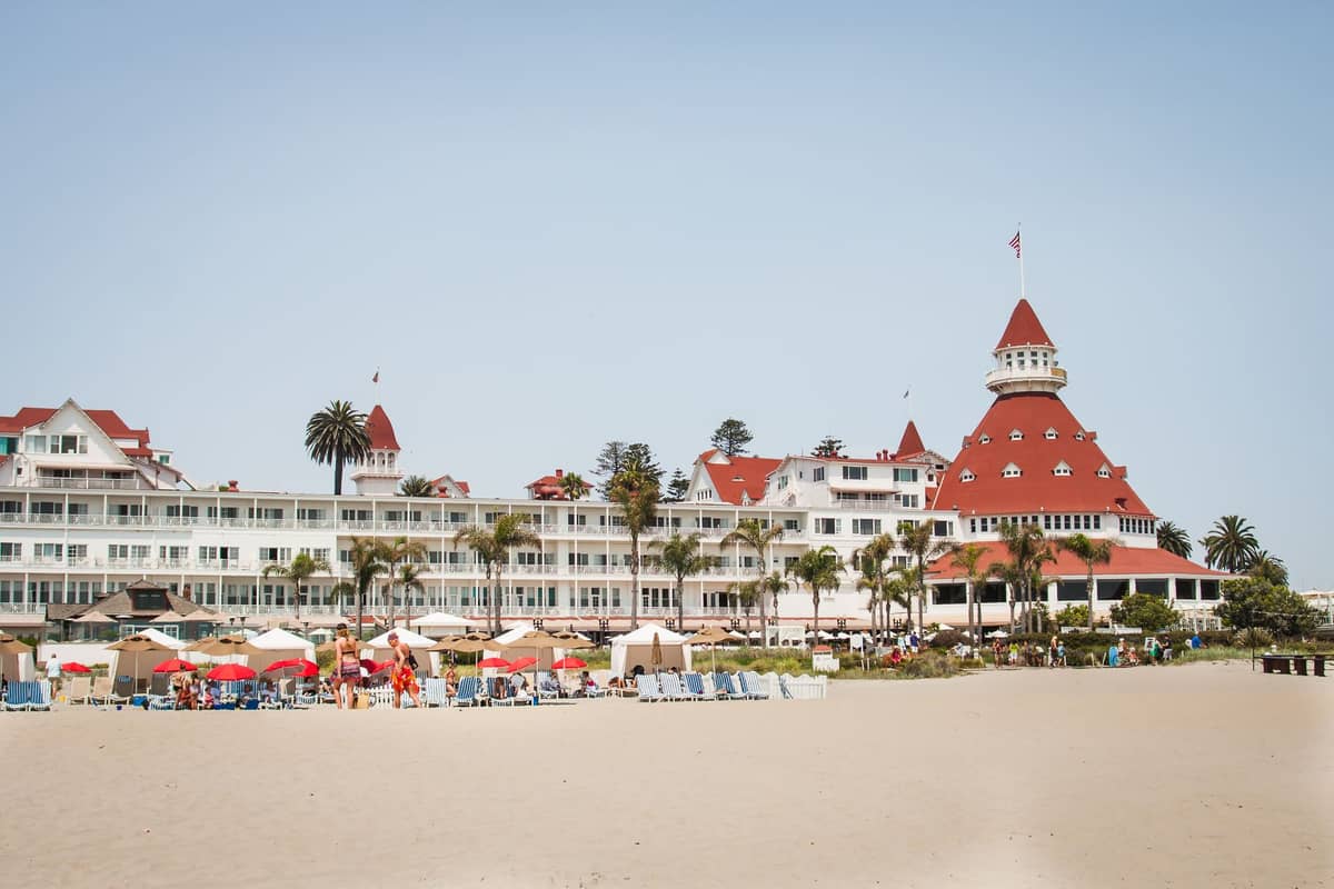 มุมกว้างของโรงแรม Hotel del Coronado หลังคาแดงโดดเด่น รายล้อมด้วยต้นปาล์มและหาดทรายขาว ด้านหน้าเต็มไปด้วยผู้คนและร่มชายหาด