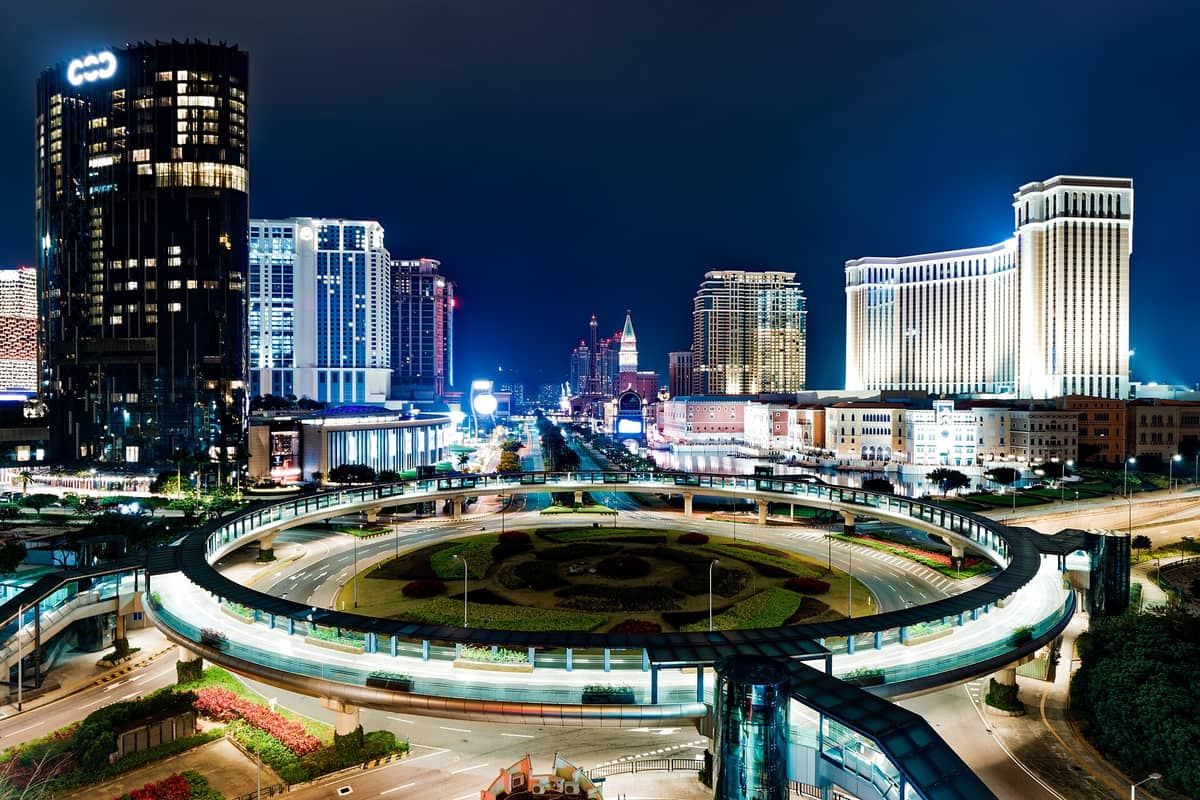 Nachtansicht des Cotai Strips in Macau mit hell erleuchteten Kasinoresorts, modernen Hochhaushotels und dem markanten Kreisverkehr im Vordergrund.