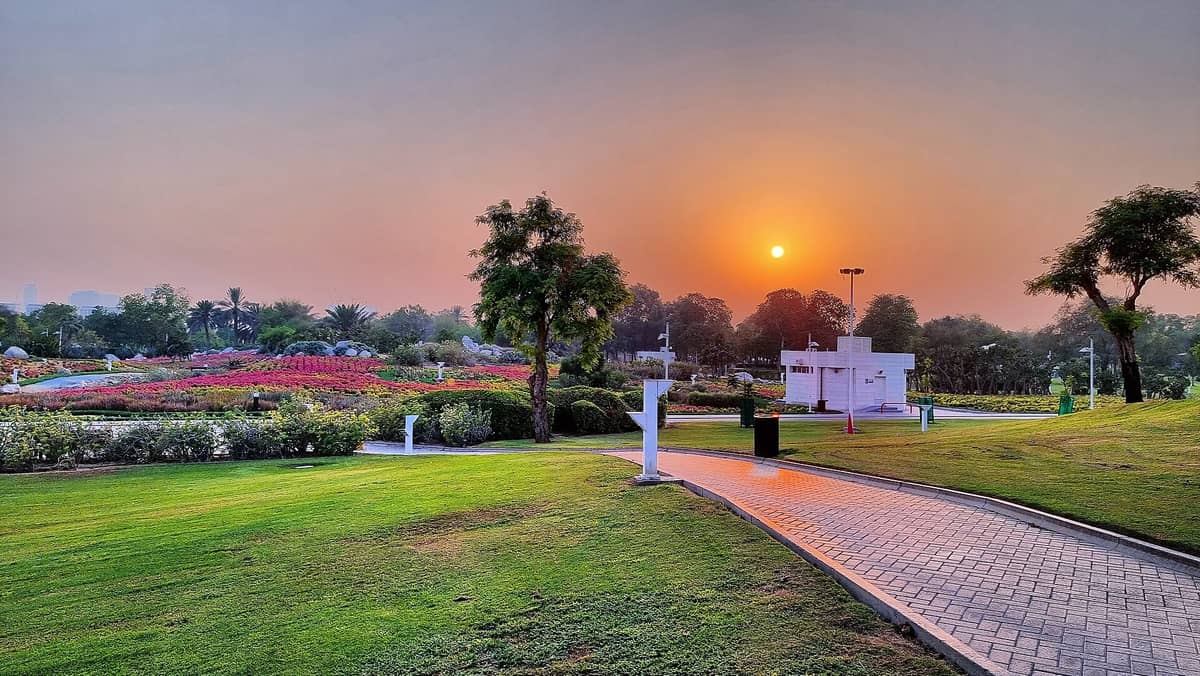 Dubai Creek Park bei Sonnenuntergang mit weitläufigen grünen Wiesen, geschwungenen Wegen, Blumenbeeten, Bäumen und der tief stehenden Sonne.