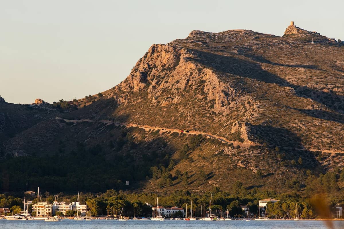 Vue de Port de Pollença avec le port, des bâtiments et un arrière-plan montagneux sous un soleil chaleureux.
