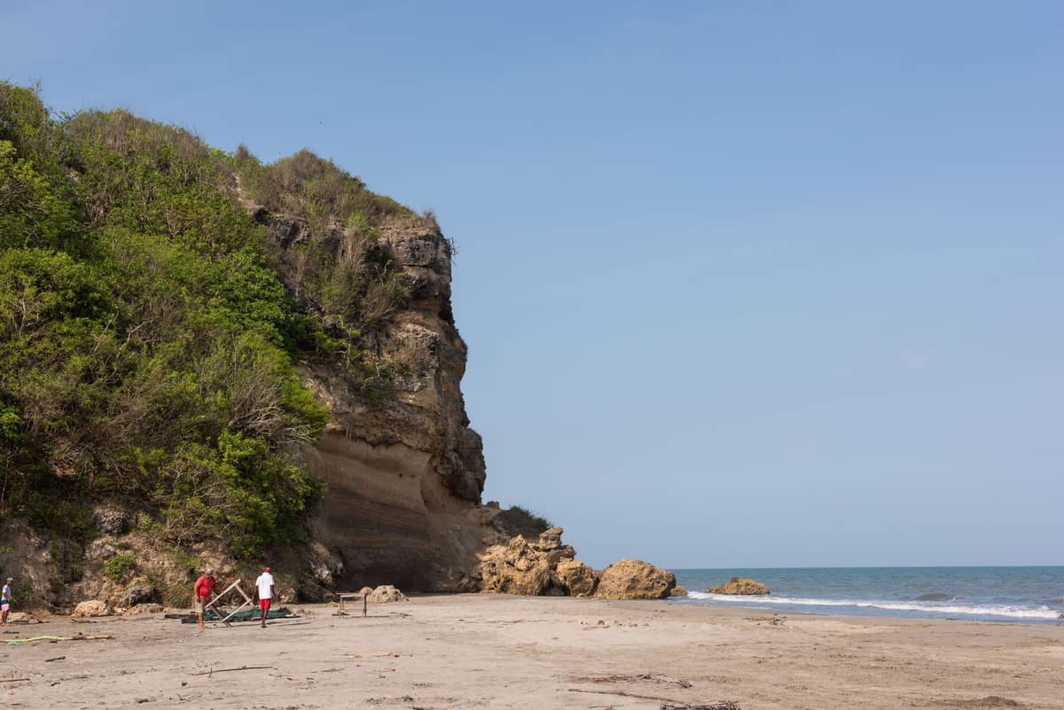 Sandy beach with rocky cliffs and green vegetation, a few people walking along the shore under a clear blue sky