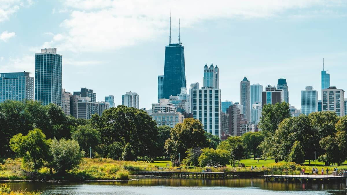 Blick auf die Skyline von Chicago hinter einem grünen Park und einem Teich an einem sonnigen Tag mit Menschen, die in der Ferne spazieren.